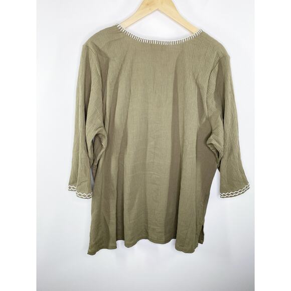 Denim & Co Womens Green Embroidered Tunic Size XL Boho Aztec 1/2 Sleeve Cotton - Picture 2 of 7